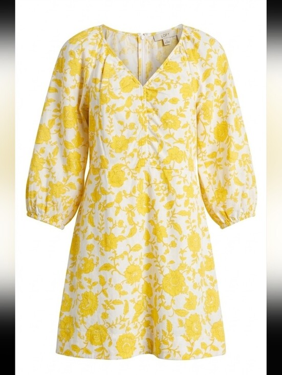 LOFT Dresses & Skirts - LOFT Yellow Floral Poplin Mini Dress Shirred Cotton Cottagecore Women’s 8 Summer